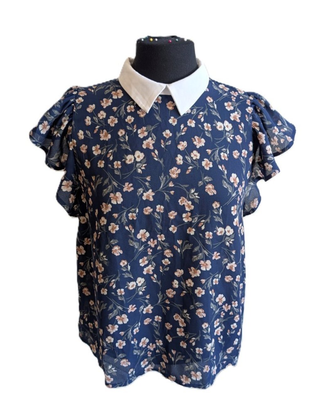 Monteau Navy Floral Flutter Sleeve Blouse | Large